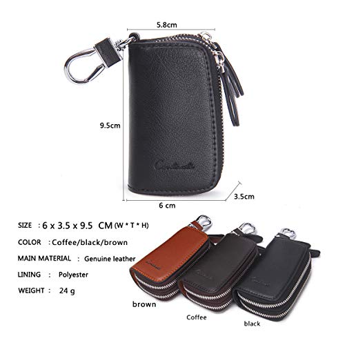 Contacts Genuine Leather Double Zipper Car Key Case Holder Wallet Key Bag, Black, One Size #TOP2