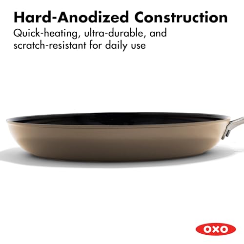 Image of OXO Enhanced 12 inch Nonstick Frying Pan Skillet, Ceramic PFAS-Free Cookware, Stainless Steel Handle, Eggs & Omelets, Dishwasher & Oven Safe, Biscuit Brown