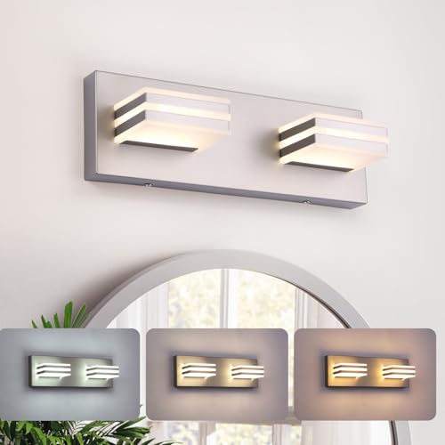 Image of 2-Light, 12.6-Inch Wall Lights Brushed Nickel Vanity Lights for Bathroom Light Fixtures Adjust 3 Colors Modern Bath Lighing Fixture Over Mirror