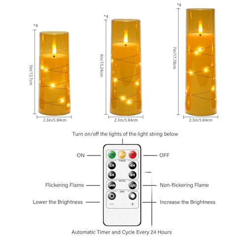 Image of Sasigeiaa Flameless Candles with Embedded Star String - Battery Operated LED Candles, with Remote,12 Gold Flickering Candles for Christmas, Weddings, Home Decor & Party,(D 2.3 inchxH 5 inch 6 inch 7 inch)