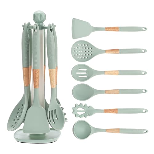AVEKI Cooking Kitchen Utensils Set, 7PCS Silicone Cooking Utensil Set with Rotating Holder, Heat Resistant Kitchen Essentials, Kitchen Gadgets for Cookware (Green)