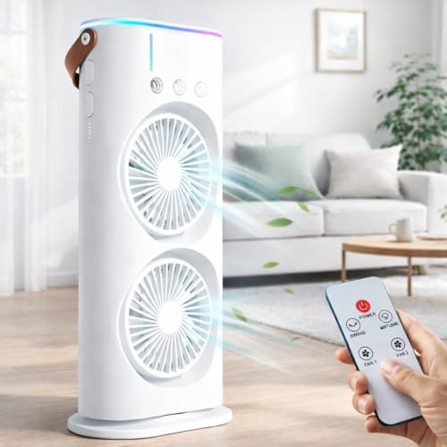 Image of VoiDrop Double Ended Spray Air Cooler Fan USB Rechargeable 3 Speed Portable Mini AC Cooler with Water Mist, LED Light & Remote Control, Personal Table Cooling Fan for Home Office Travel, Thandi Hawa