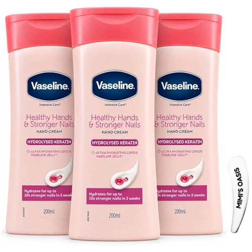Vaseline Intensive Care Healthy Hands & Stronger Nails Hand Cream 200ml Pack of 3 with Cosmetic Spatula Hydrolysed Keratin Hand & Nail Moisturiser for Dry Hands