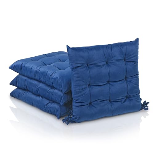Image of Kuber Industries 4 Pcs Heavy Velvet 16 Inch Chair Pad Cushion with Drawstrings for Dining, Office & Home | Soft Seat Pad | Support for Long Sitting | Navy Blue