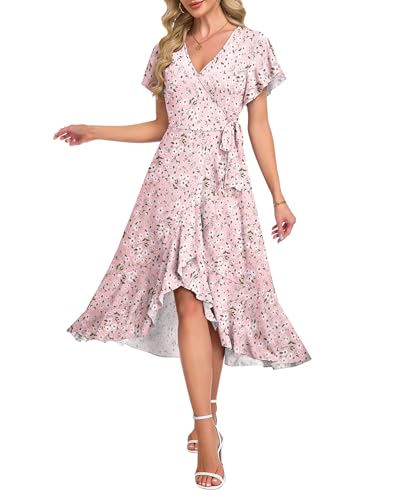 Image of AUSELILY Women Summer Midi Dresses Wrap Short Flutter Sleeve Elegant Dress | High Slit,High-waisted,Ruffled Hem,V-Neck,Fixed-strap Design,Skin-Friendly,Breathability,Wedding Guest Dresses