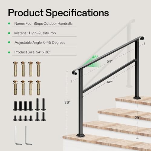 Image of VIVOSUN Outdoor Handrail, 54 inch x 36 inch Fits 1-4 Steps, Wrought Iron Stair Railing with Curved Ends, One-Step Assembly, Black