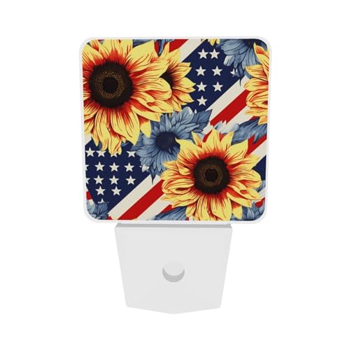 Image of Sunflowers Floral Stripes Flag LED Plug-in Night Light 2-Pack, Auto Sensor Nightlights Set of 2 for Bedroom Bathroom Corridors
