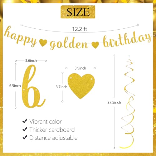 Image of Happy Golden Birthday Banner with 6 Hanging Swirls: Pre-Assembled Glitter Banner & Metallic Foil Swirls for Golden Birthday Party Decor, Indoor Wall & Ceiling Decorations