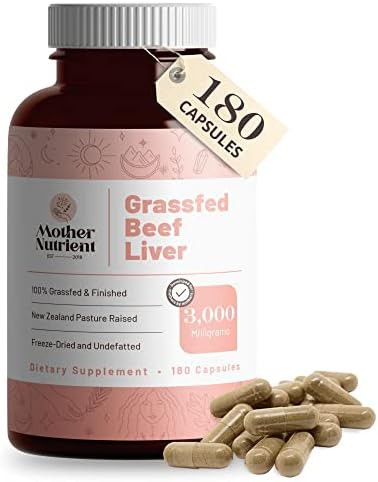 Mother Nutrient 100% Grass Fed Beef Liver Capsules Sourced from Pasture-Raised Beef in New Zealand — Vitamins A and B12 w/Iron, Protein, and More — 45-Day Supply (180 Capsules)