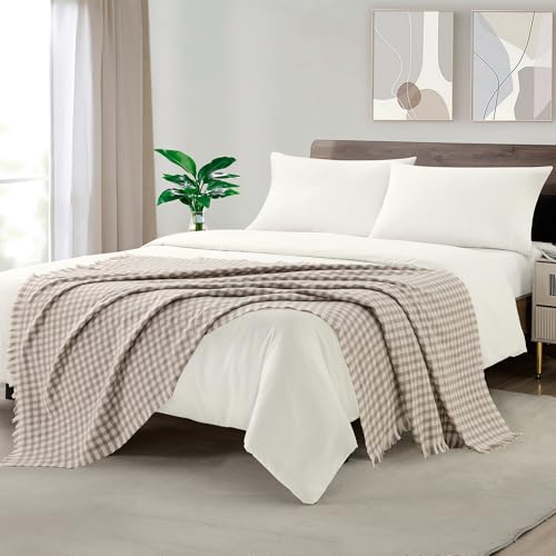 Image of CREVENT Farmhouse Boho Knitted Throw Blanket for Couch Sofa Chair Bed Home Decoration, Soft Warm Cozy Light Weight for Spring Summer Fall (50''X60'' Plaid Tan)