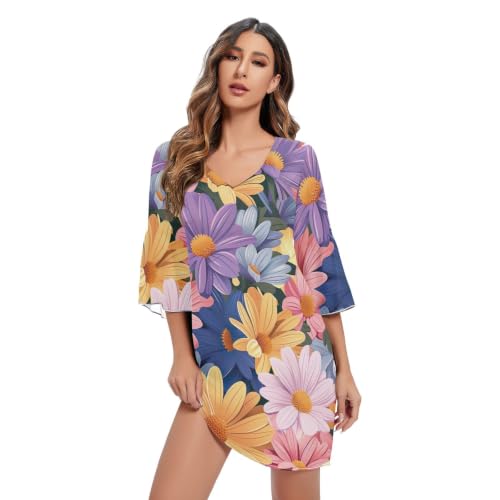 Robe vintage à manches 3/4 imprimé hawaïen et col en V