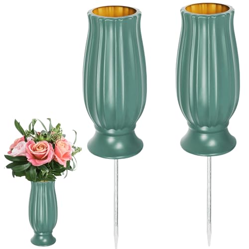 Vaso tomba con picchetto, 2 vasi funerari con base da 11 cm, per fiori freschi/artificiali, come decorazione per tomba, vaso con base per lapide, cimitero (verde militare)