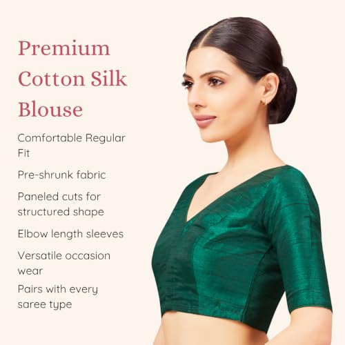 Image of Studio Shringaar Women Readymade Raw Silk V Neck Saree Half Sleeve Blouse