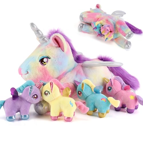 Image of 5 Pieces Unicorn Stuffed Animals - 1 Mommy Stuffed Unicorn with 4 Babies - Unicorns Gifts for Girls Ages 3-8, Unicorns Plush Toys for Christmas, Valentine's, Birthday Gifts (Rainbow)