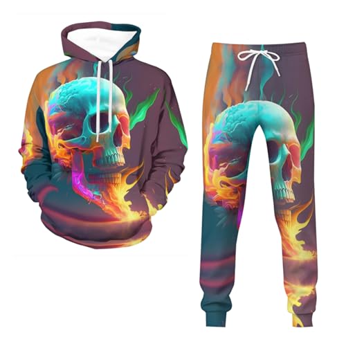 Chándal con capucha para hombre, diseño de calavera en 3D, color morado y amarillo, 2 piezas, Hombre-05, 4XL