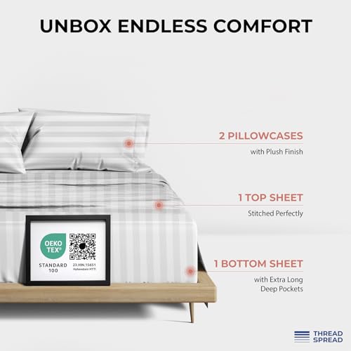 Image of THREAD SPREAD Egyptian Cotton Sheets King Size - 1200 Series Plush Collection Damask Sheet Set Egyptian Cotton (4 PC, White Stripe), Luxury Sheet King Size, Soft, Cooling Deep Pocket Sheets