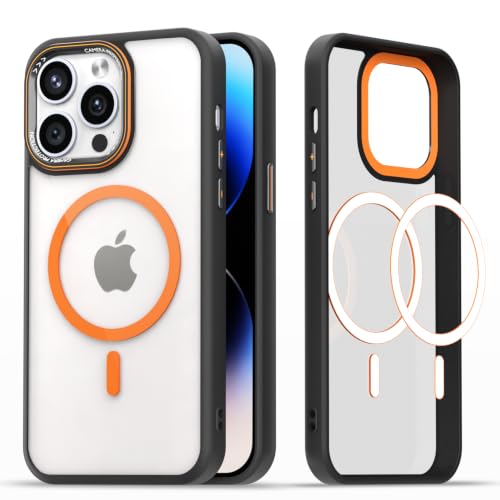 Image of Pikkme Back Cover for iPhone 14 Pro Max | Shockproof | Mag-Safe Compatible | Hard Transparent Back | Premium Raised Camera Protection | Bumper Case (Black & Orange Mag-Safe)