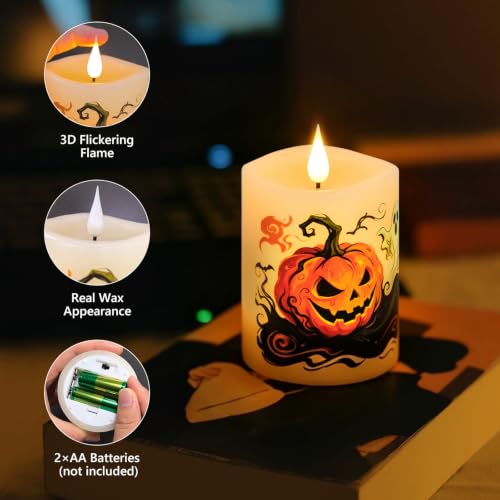 Image of 2-Pack 3x4 Flameless LED Candles,Halloween Candles, Real Wax, Timer, Remote, Battery Powered, Ideal for Halloween & Fall Home Decor,Ivory