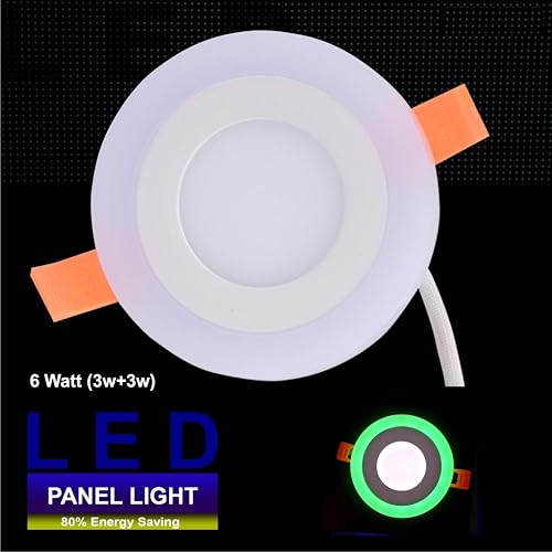 Image of OLIPS 6W (3+3) LED Ceiling Panel Down Light | Dual Color Change by On /Off Switch | Fan Box POP Decorative LED | White Center & Color Ring Design (Green, 1)