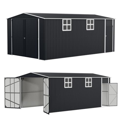 Image of Polar Aurora 12x20 FT Outdoor Storage Shed Black | Large Garden Shed, 2 Windows & Lockable Doors, Garage Car Shelter with Side Door & Air Vents, For Backyard Garden Patio Lawn