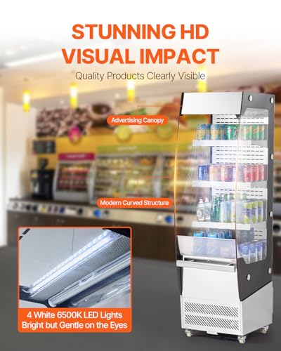 Image of VEVOR Open Air Merchandiser, 3-Tier Shelving Commercial Refrigerator, Grab and Go Display Cooler Refrigerator with Air Curtain, 4 Swivel Wheels, LED Light, for Restaurants, Stores, Office, 7.8cu.ft.