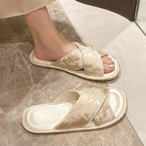 Satin Cross-Strap Slippers for Women Retro Flip-Flops Flower Decor Satin Upper Soft TPR Anti-Slip Soles Indoor Outdoor Slippers4