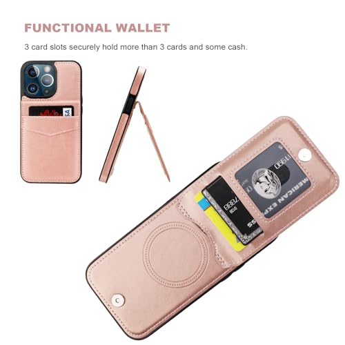 Image of KIHUWEY for iPhone 13 Pro Case Wallet Compatible with MagSafe Wireless Charging, Credit Card Holder, RFID Flip Leather Magnetic Clasp Kickstand Heavy Duty Protective Cover 6.1 Inch (Rose Gold)