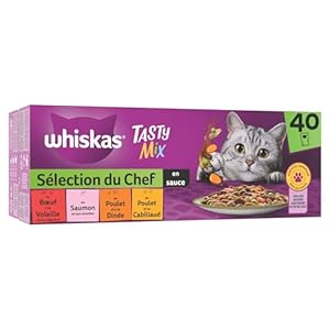 WHISKAS Repas pour Chat – 40 Sachets Fraîcheur – Tasty Mix Sélection du Chef (4 variétés) – Pâtée pour Chat Adulte en Sauce – Nourriture Humide Complète & Equilibrée