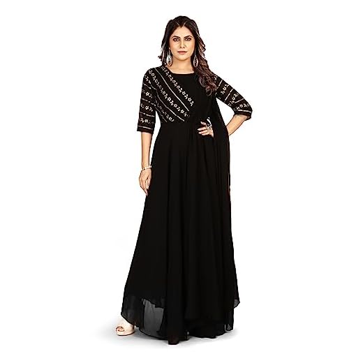 ROYALICA Gown for Women - Georgette Matt Sequence Embroidery Regular Fit A-Line Gown with Attached Dupatta for Women ((Large, Black)
