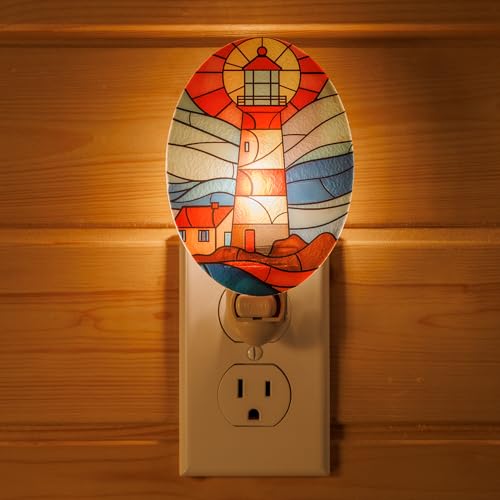Image of Lighthouse Stained Glass Styled Night Light Plug in - Made with Real Glass, Bulb Included, On /Off Switch - Nautical Beach Theme Bathroom, or Beach House Accent Light Dusk Blue Red