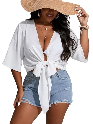 Floerns Women's Plus Size Tie Front Half Sleeve Kimono Cover Up Crop Tops