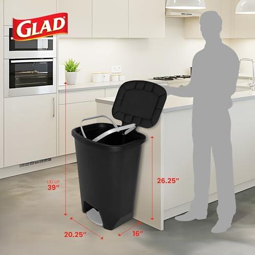 Image of Glad 20 Gallon Trash Can with Clorox Odor Protection | Plastic Kitchen Waste Bin | Hands Free with Step On Foot Pedal and Garbage Bag Rings, Black