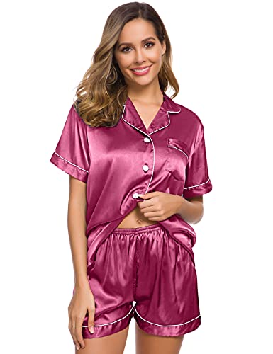 Image of SWOMOG Womens Pajamas Set Silk Satin Sleepwear Short Sleeve Nightwear Button Down Pj Lounge