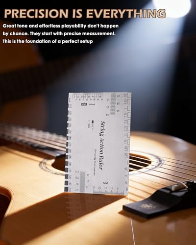 Image of String Action Gauge Ruler, Professional Guitar Setup Tool with Dual mm & 1 /64 inch Scales - for Electric, Acoustic, Bass Guitars - Includes Measurement Chart & Protective Sleeve - Print Silver Edition