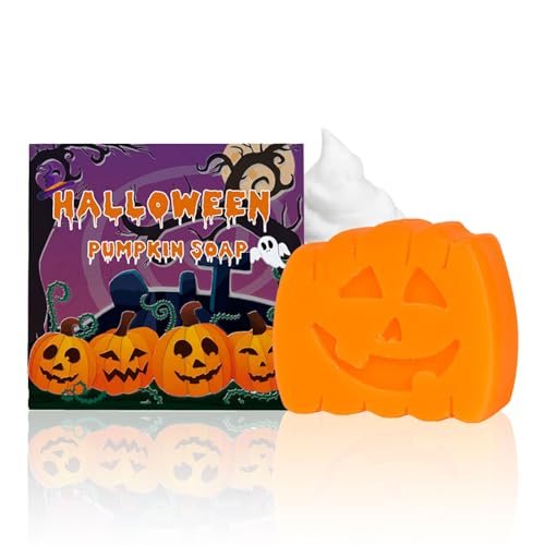 Halloween Kürbis Kernseife, Kernseife Natur Handgemacht, Seife Stück Tiefenreinigung, Seifenstück mit Geschenkset, Mini Seife, Duftseife für Gesicht & Körper, Kürbisseife mit Einem Schaumnetz