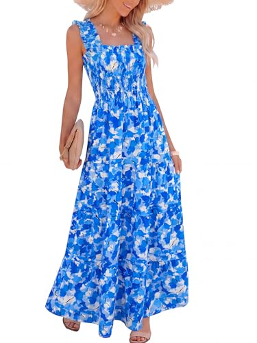 Image of Caracilia Womens Summer Maxi Dresses Floral Smocked Sleeveless Ruffle Boho Casual Flowy Aline Beach Vacation Long Sundress