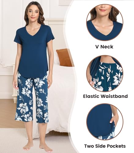 Image of NACHILA Bamboo Viscose Pajamas for Women Lace V Neck Capri Pants Pjs Set