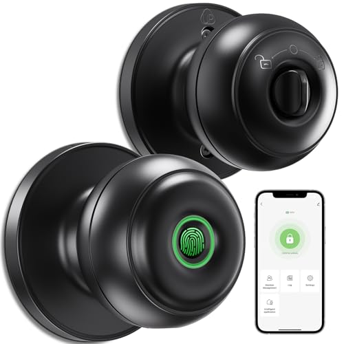 GeekTale Fingerprint Door Lock for Bedrooms, Fingerprint Door Knob with Lock, Smart Door Lock, App Control, Back-up Keys, Thumbprint Door Knob for Bedrooms, Office, Apartment Polished Black