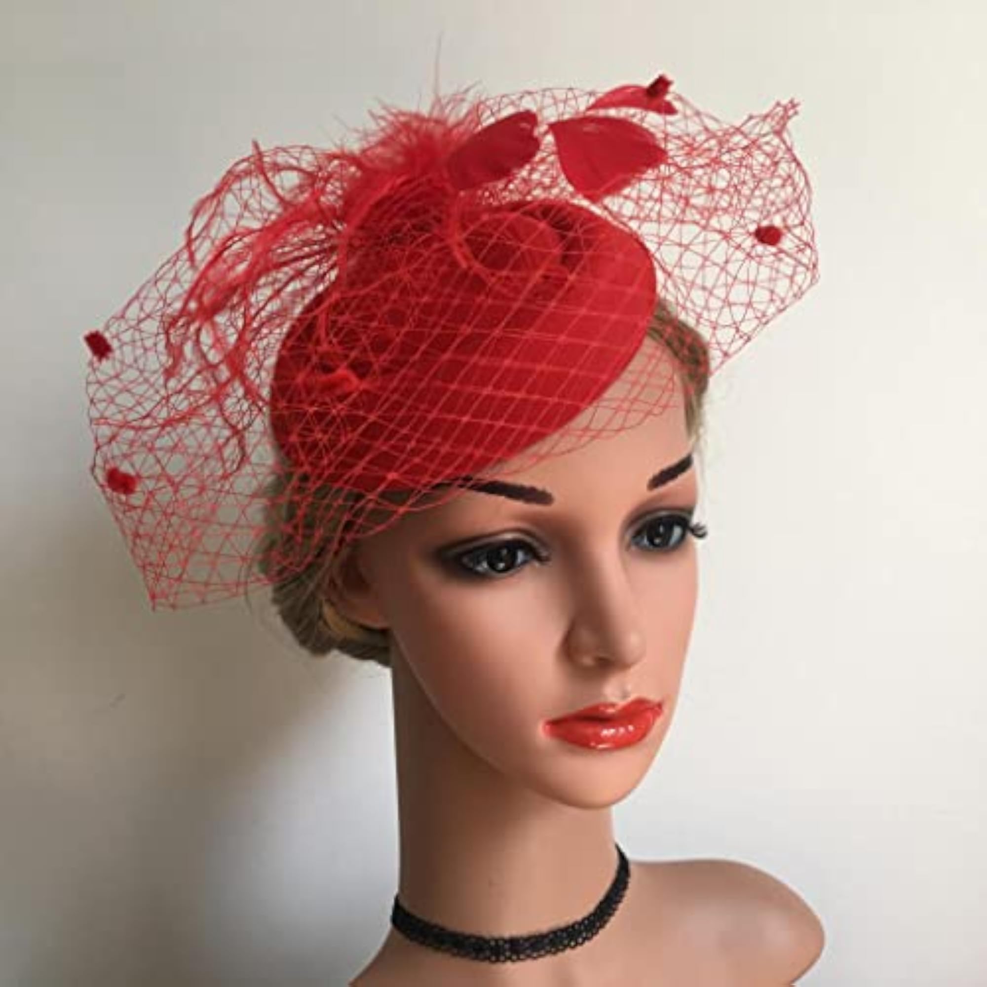 Cocktail Tea Party Fascinator Hat with Veil, Red