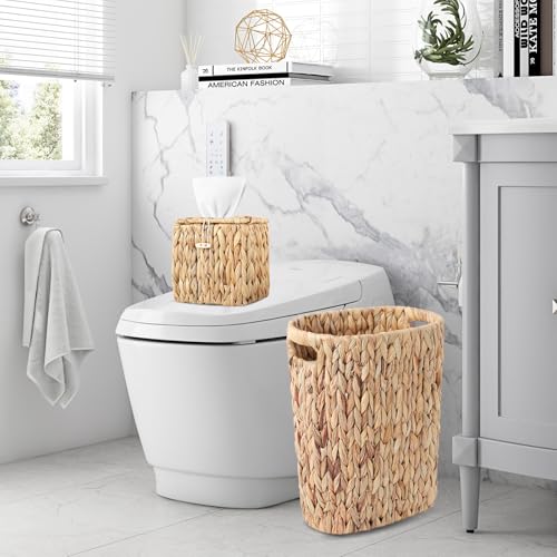 Image of BSSN 4 Gallon Wicker Trash Can Handwoven Bathroom Trash Can,Square Water Hyacinth Tissue Box Cover, Narrow Small Waste Basket,White 150 Count 5 Gallon Trash Bags Rustic Decor Set for Bedroom & Office