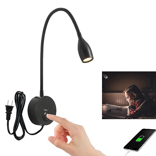 CRISETEK Dimmable Reading Light Plug in Wall Mounted Bedside Headboard Reading Light Task Directional Gooseneck LED Light 3W Output (Black, 120V Plug in, Warm White)