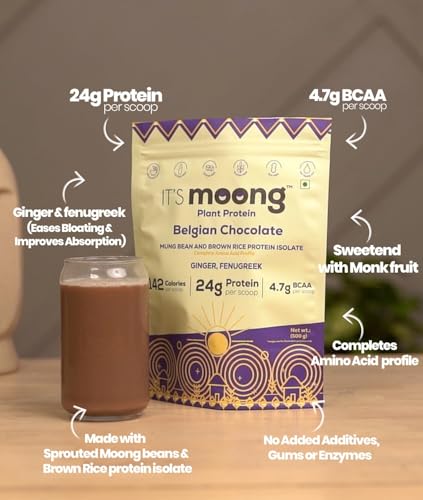 Image of It's Moong Mung Bean & Brown Rice Isolate Plant Protein Powder for Men & Women | Belgian Chocolate | 24gms per serve 4.7gms BCAA | 500gms | Sprouted Plant based protein | Plant Protein