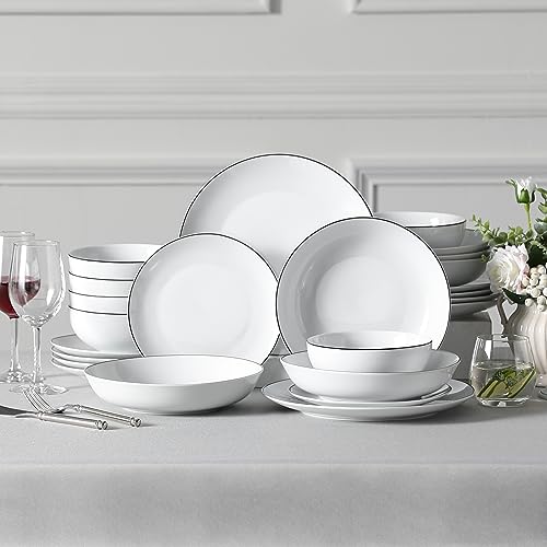 MALACASA Geschirrset 6 Personen, Amelia 24-tlg Modernes Porzellan Geschirr Set, Tafelservice Kombiservice mit je 6 Speiseteller, Dessertteller, Suppenteller und Müslischalen - Weiß mit schwarzem Rand