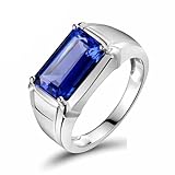 BWDHJLEY Anillos de oro blanco de 18 quilates, anillo de boda para hombre, tanzanita azul, rectangular, oro blanco de 4 garras, anillo de compromiso real 750, L 1/2, Oro blanco de 18 quilates