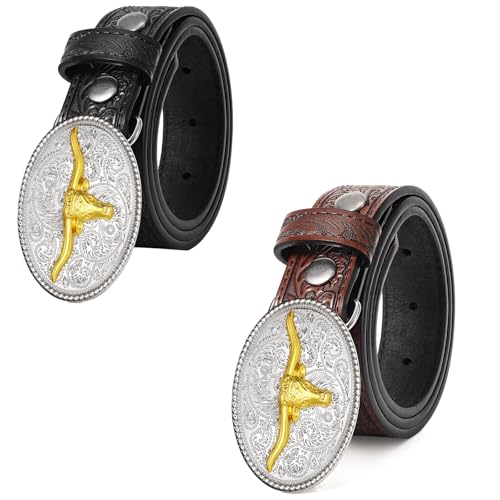 2 Pack Kids Western Belts for Boys or Girls Embossed Genuine Leather Cowboy Buckle Ideal Gift Perfect for Jeans