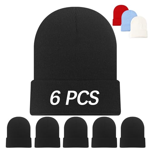 6 PCS Black Beanies Hats Men Beanie for Women Winter Knitted Hat Soft Ski Hat Warm Blank Bulk Ideal Gifts for Shelters Charities