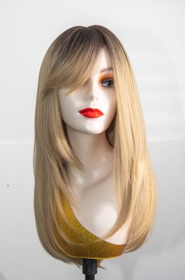 Blonde Wig with Dark Roots - Long Layered Synthetic Hair for Women | Natural Looking Ombre Glueless Wig, Heat Resistant (Honey Blonde)