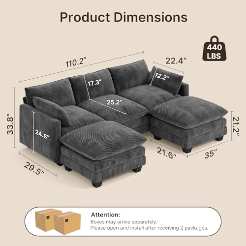 Image of Gizoon 110'' U Shaped Corduroy Comfy Sectional Couches for Living Room 3 Seater Cloudy Sofa with 2 Movable Ottomans Pet Friendly Cloud Couch for for Living Room Bedroom and Apartment, Gray
