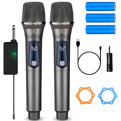 aichilra Wireless Microphone, Handheld Dynamic Microphones with Receiver and 3. 5mm Converter, Rechargeable Wireless Dual UHF Microphones for Karaoke Singing, Wedding, DJ, Party