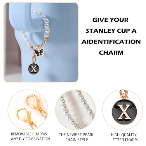 Image of Letter Charm for Stanley Cup,Pearl Chain Accessories Stanley Cup Initial Charms for Handle Stuff Decor Water Bottle Jewelry Tumbler Cute Personalized Name ID Decorations Black Tag (X)